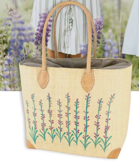 Borsa in paglia fatta a mano con fantasia lavanda, come in provenza