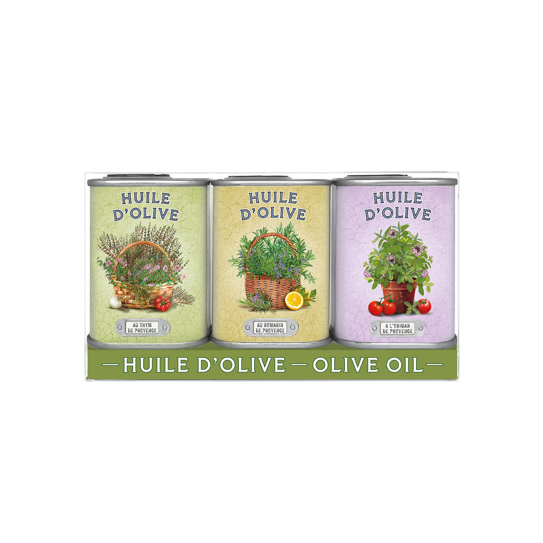 Cofanetto olio di oliva EVO aromatizzati timo rosmarino origano in latte da 75 ml