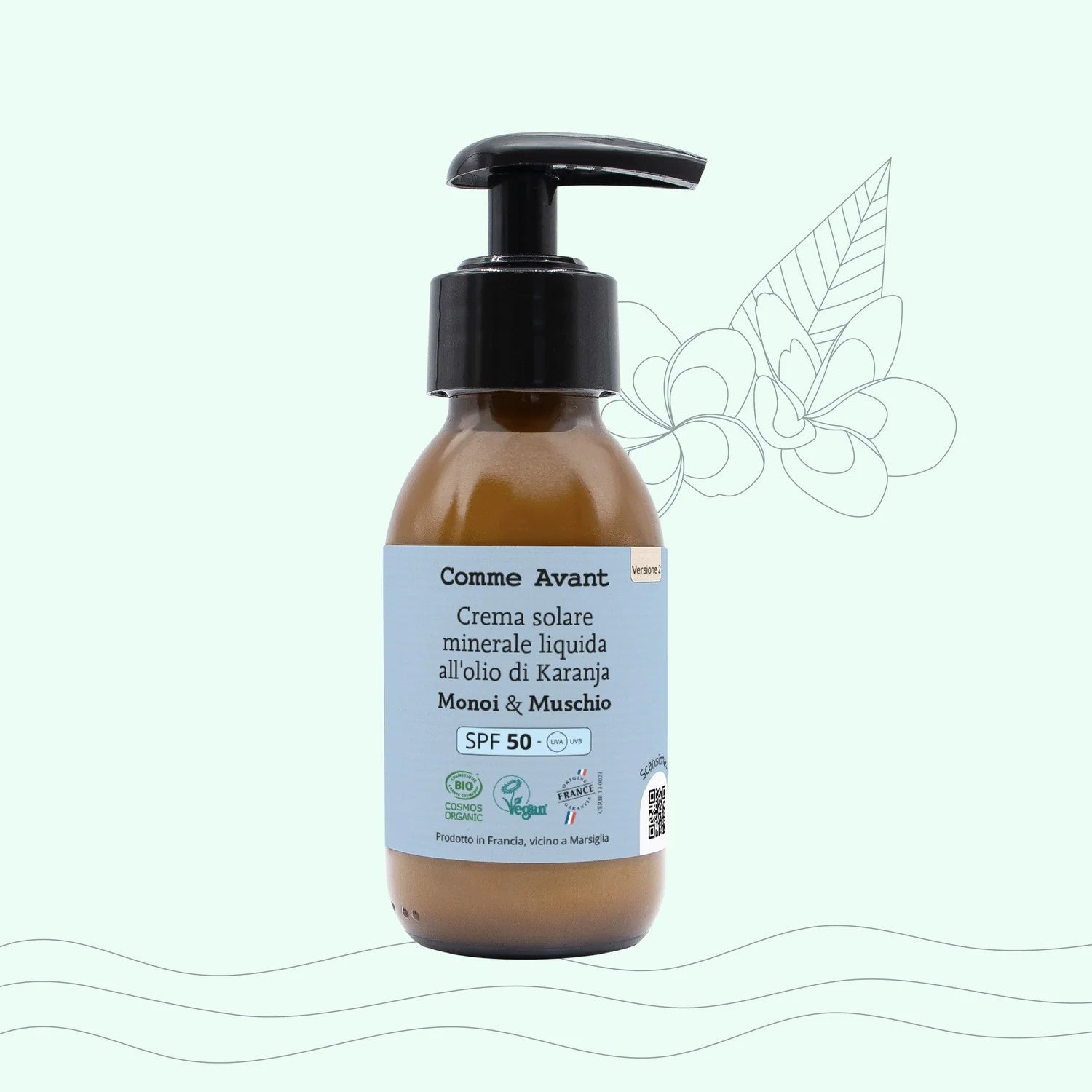 Protezione solare SPF50 in crema liquida con olio di Karanja Comme Avant