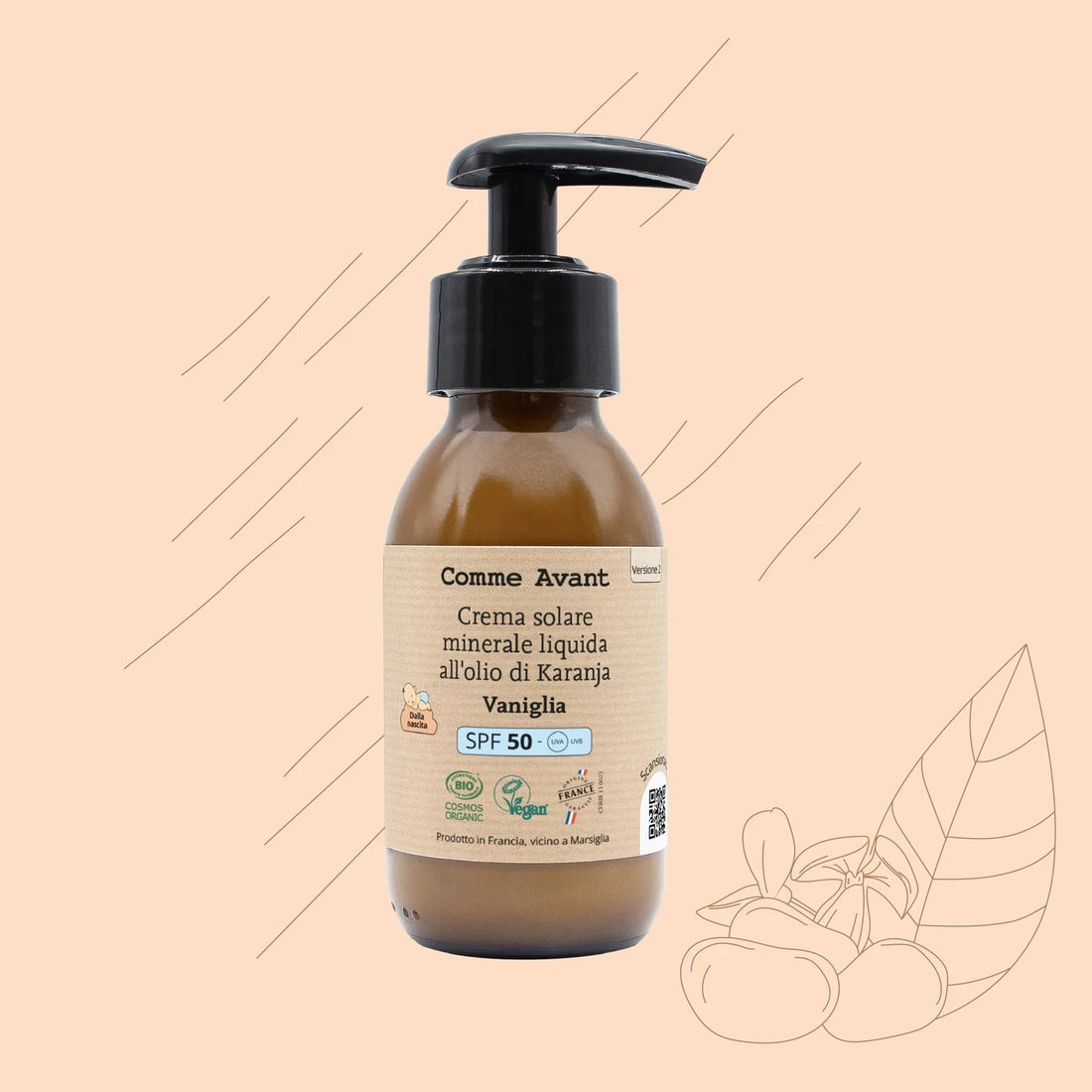 Protezione solare SPF50 in crema liquida con olio di Karanja Comme Avant