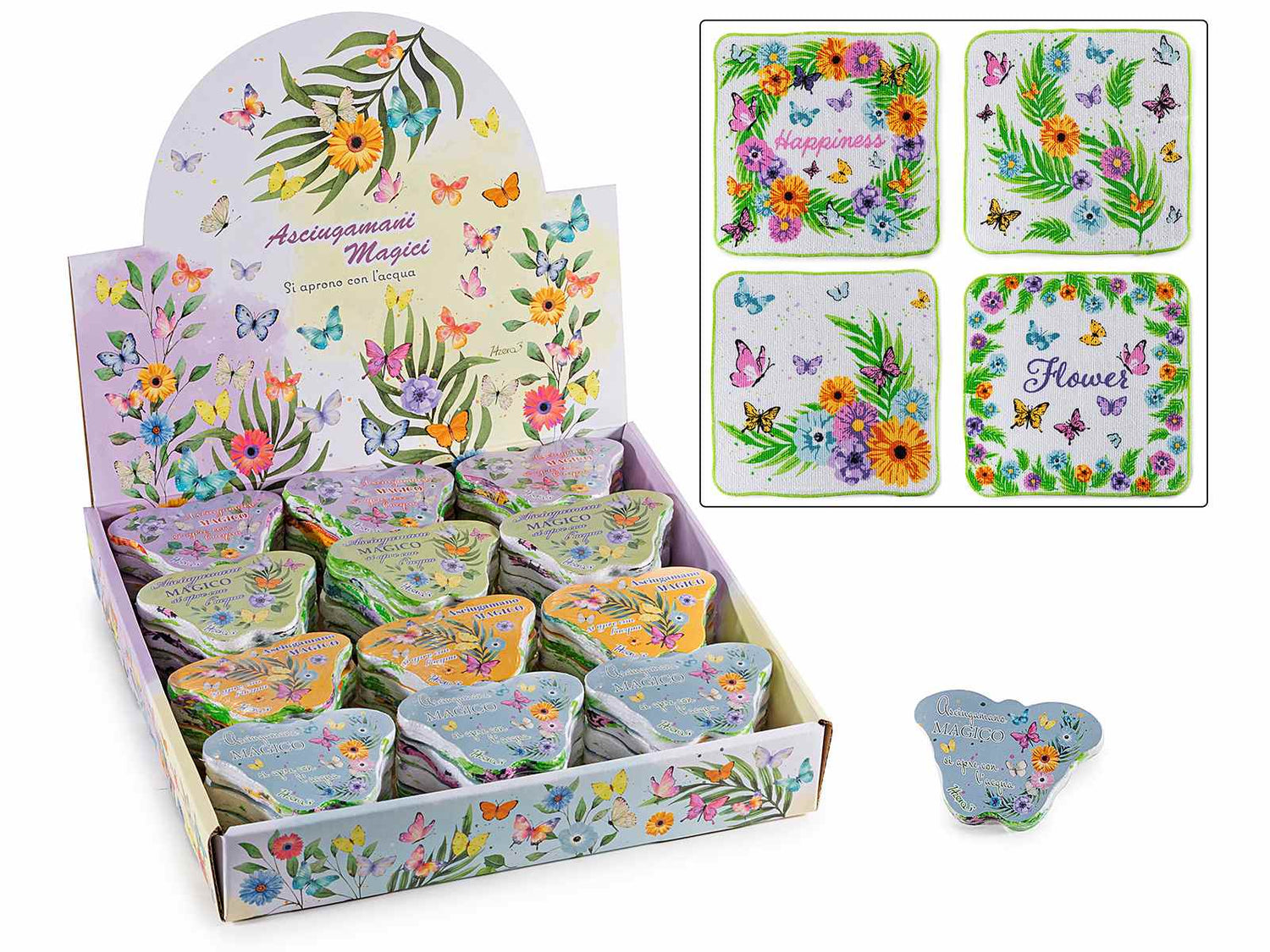 Mini asciugamano magico in cotone stampa tema "Farfalle e Fiori"