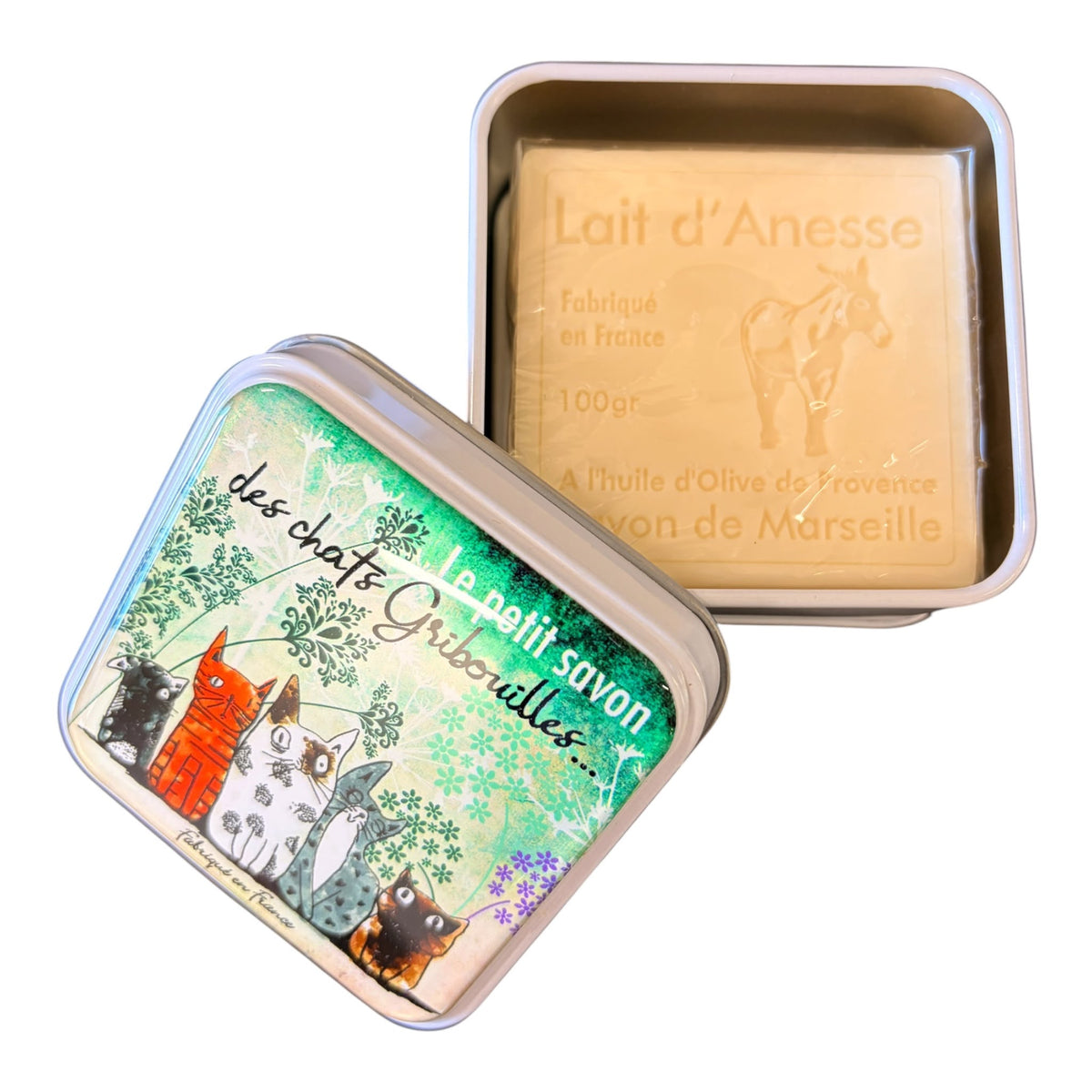 Scatola in metallo porta sapone Chats Gribuilles con saponetta al latte d&